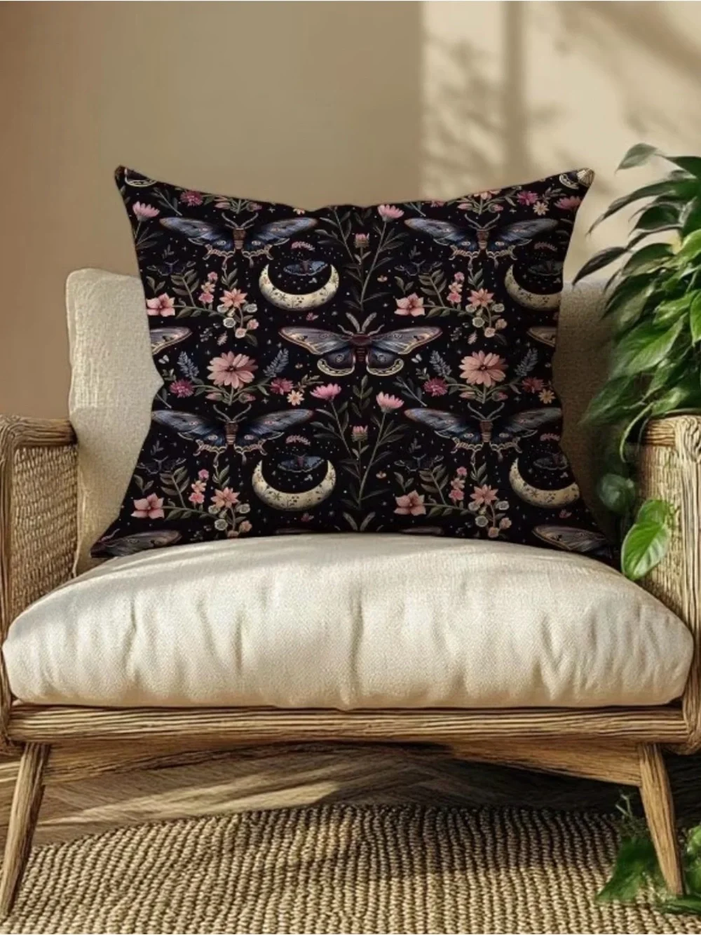 Dark Academia Gothic Moth Moon Floral Throw Pillow Cover 16x16 Celestial Dream